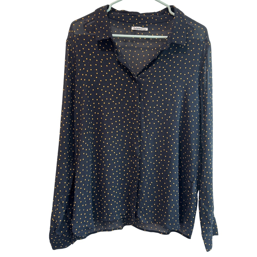 Reformation Black Yellow Polka Dot Viscose Button Down Blouse XL Long Sleeve